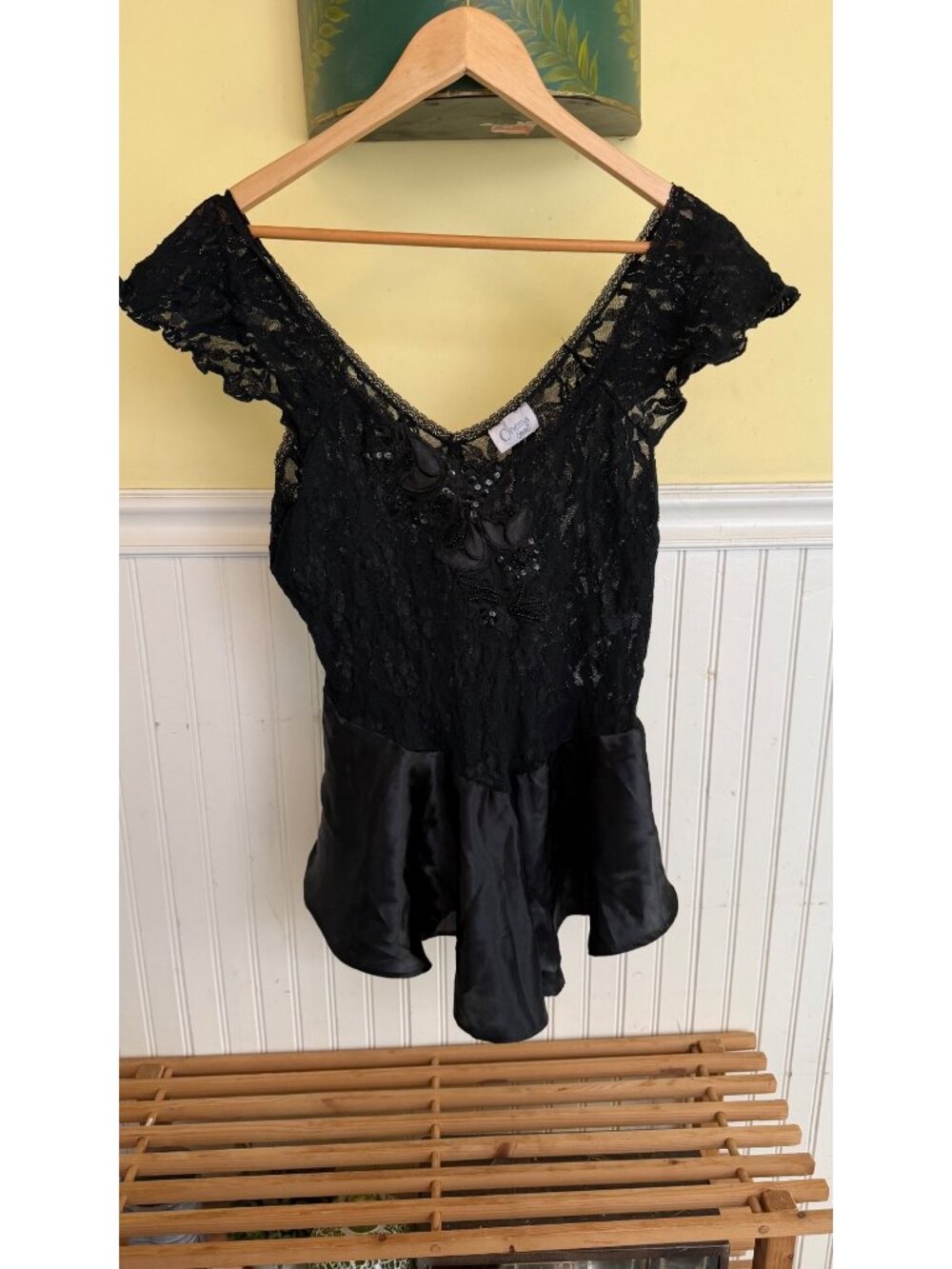 Black Lace & Satin Peplum Top With Floral Bead Embellishments - Medium